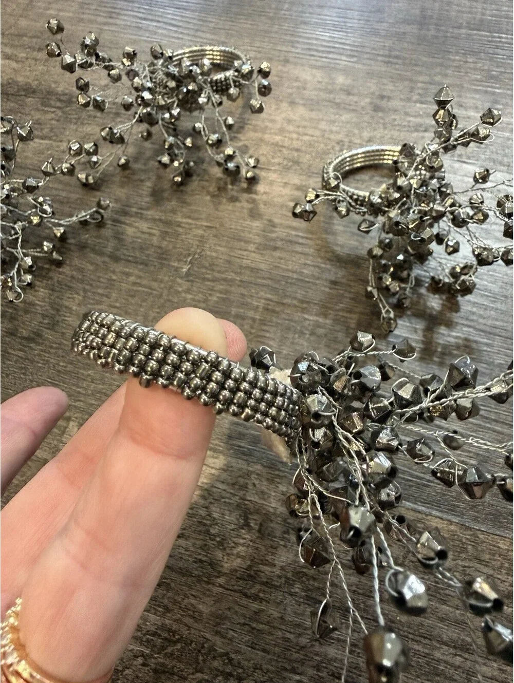 Vintage Set of 4 Silver Beaded Napkin Ring Holders Elegant Table scape Art Deco
